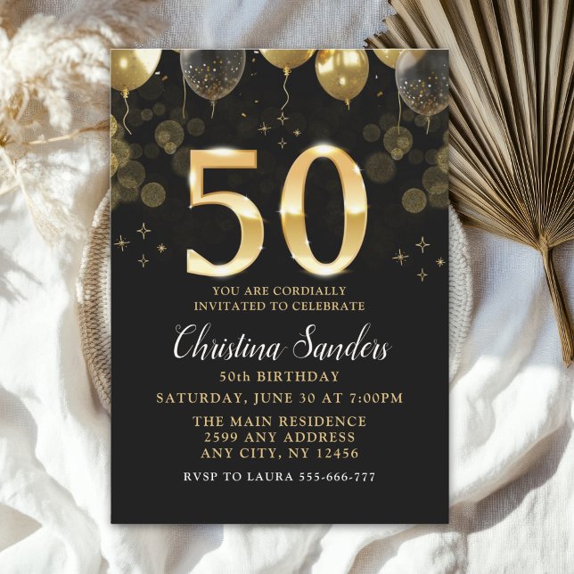 Convites Elegant 50th Birthday Invitation with Gold Ballons (Criador carregado)