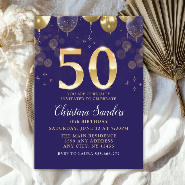 Convites Elegant 50th Birthday Invitation with Gold Ballons (Criador carregado)