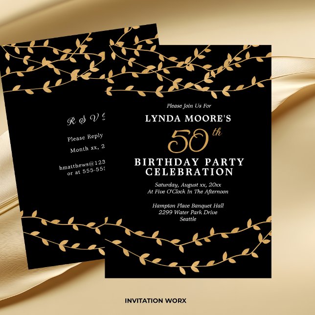 Convites Elegant 50th Birthday Party Gold Leaves on Black (Elegant 50th Birthday Party Gold Leaves on Black Invitation)