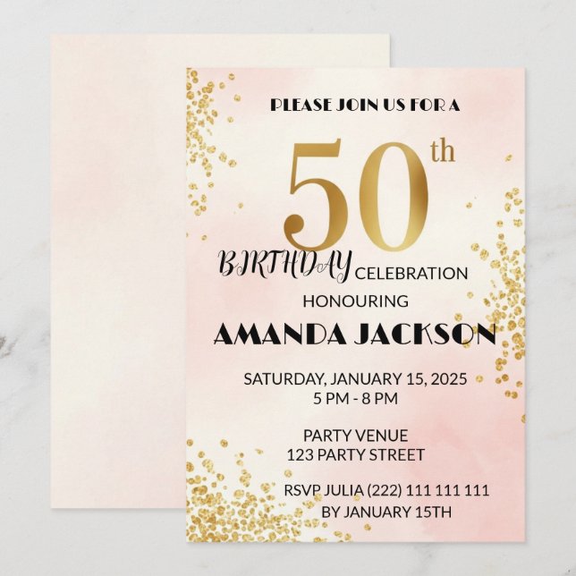 Convites Elegant 50th Birthday Party Invitation Gold & Pink (Frente/Verso)