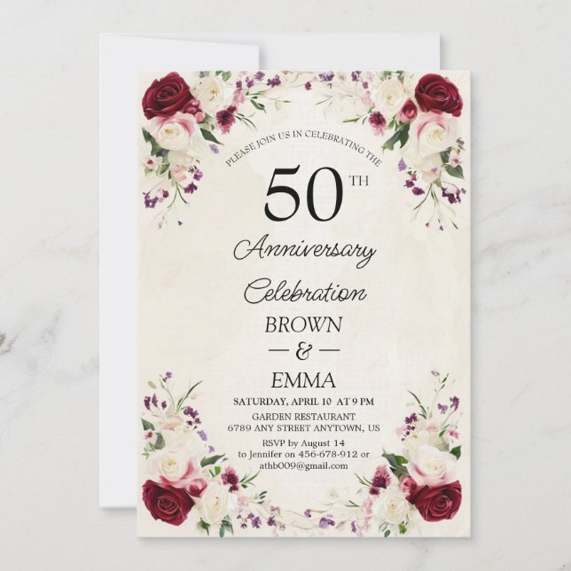 Convites Elegant 50th Wedding Anniversary Floral Celebratio (Frente)