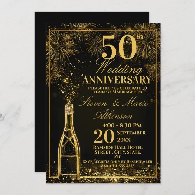Convites Elegant 50th Wedding Anniversary Gold Bottle Fizz (Frente/Verso)