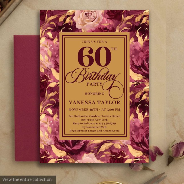 Convites Elegant 60th Birthday Burgundy Blush Gold Floral  (Watercolor 60th birthday invitation with burgundy and blush roses, gold leaves, and boho style, prof)