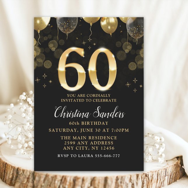 Convites Elegant 60th Birthday Invitation with Gold Ballons (Criador carregado)