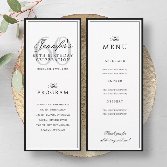 Convites Elegant 60th Birthday Party Program + Menu  (Elegant 60th Birthday Party Program + Menu)