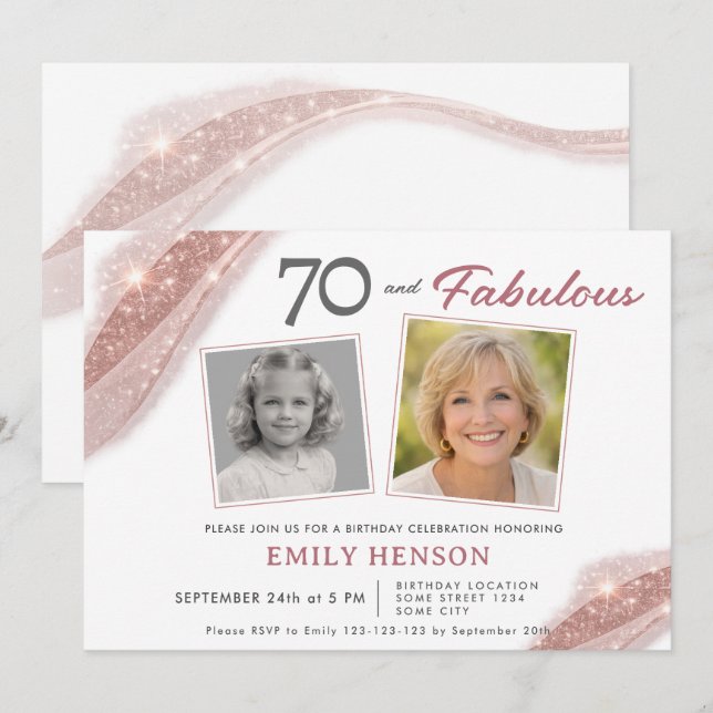 Convites Elegant 70 and Fabulous Rose Gold Photo Birthday (Frente/Verso)