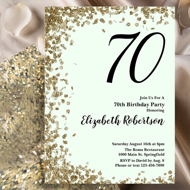 Convites Elegant 70th Birthday Invitation Green Gold Sequin (Criador carregado)