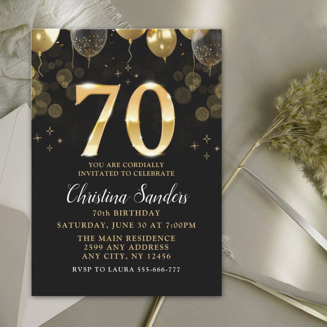 Convites Elegant 70th Birthday Invitation with Gold Ballons (Criador carregado)