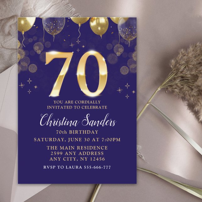 Convites Elegant 70th Birthday Invitation with Gold Ballons (Criador carregado)