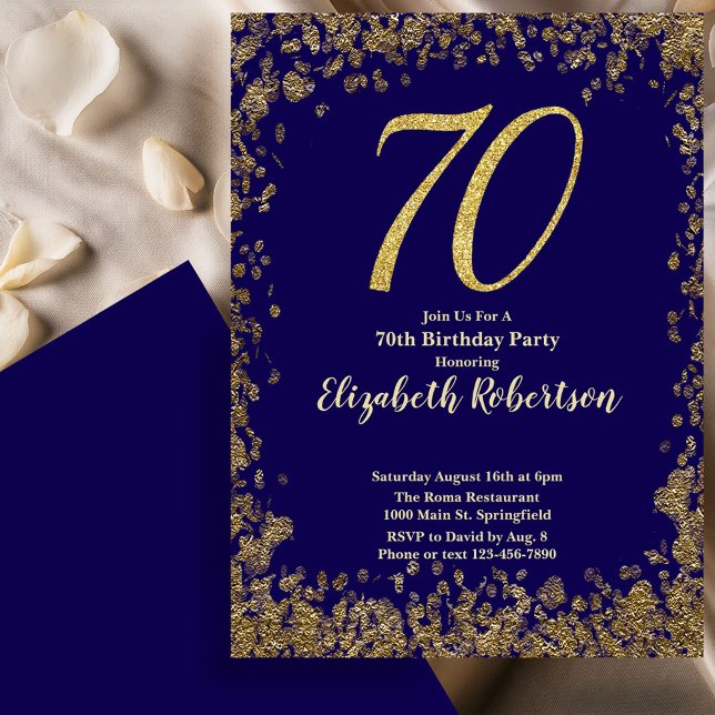 Convites Elegant 70th Blue Birthday Invitation Gold Sequin (Criador carregado)