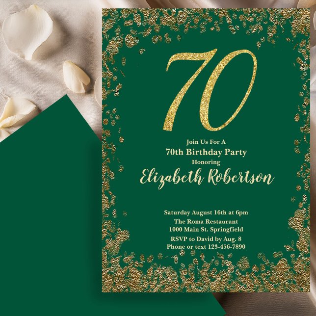 Convites Elegant 70th Green Birthday Invitation Gold Sequin (Criador carregado)
