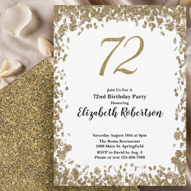 Convites Elegant 72nd Birthday Invitation With Gold Sequins (Criador carregado)