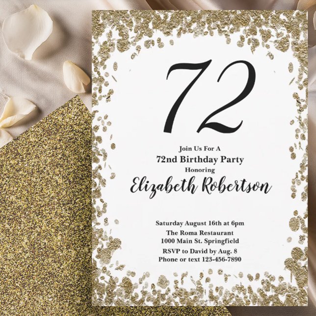Convites Elegant 72nd Birthday Invitation With Gold Sequins (Criador carregado)