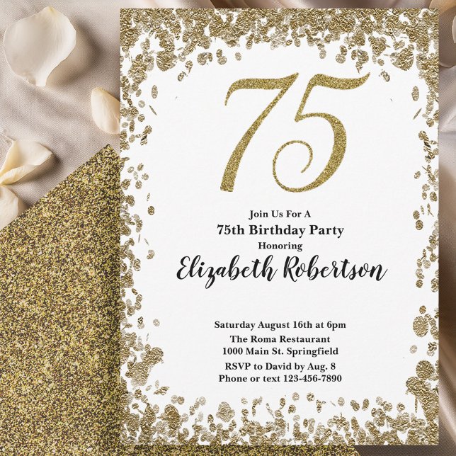 Convites Elegant 75th Birthday White and Gold Sequin (Criador carregado)