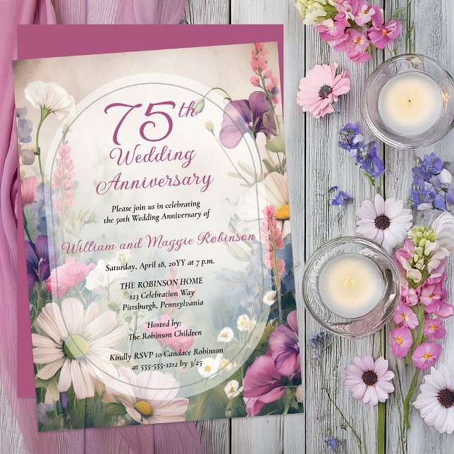 Convites Elegant 75th Wedding Anniversary Party Floral (Elegant 75th Wedding Anniversary Invitation with Soft Spring Florals and Arch Frame -Print | Digital)