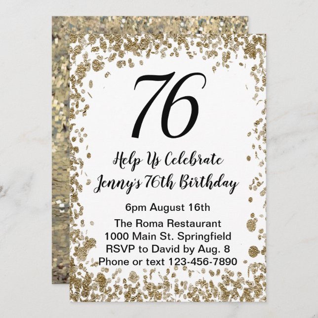 Convites Elegant 76th Birthday Invitation in black and gold (Frente/Verso)
