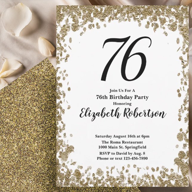 Convites Elegant 76th Birthday Invitation With Gold Sequins (Criador carregado)