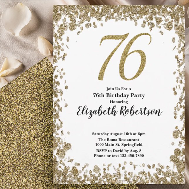 Convites Elegant 76th Birthday Invitation With Gold Sequins (Criador carregado)