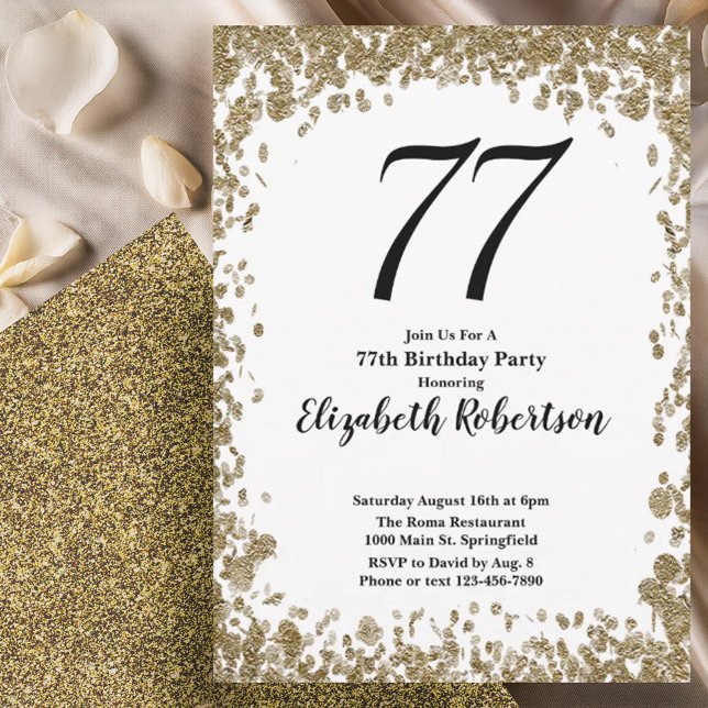 Convites Elegant 77th Birthday Invitation With Gold Sequins (Criador carregado)