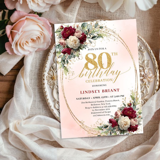Convites Elegant 80th Birthday Bohemian Floral Gold Invite (Elegant 80th Birthday Bohemian Floral Gold Invitation)