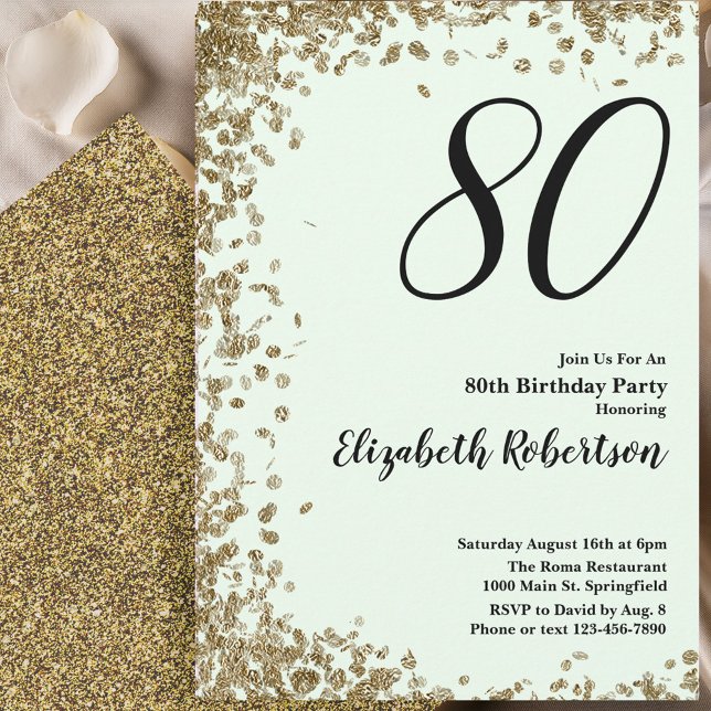 Convites Elegant 80th Birthday Invitation Green Gold Sequin (Criador carregado)