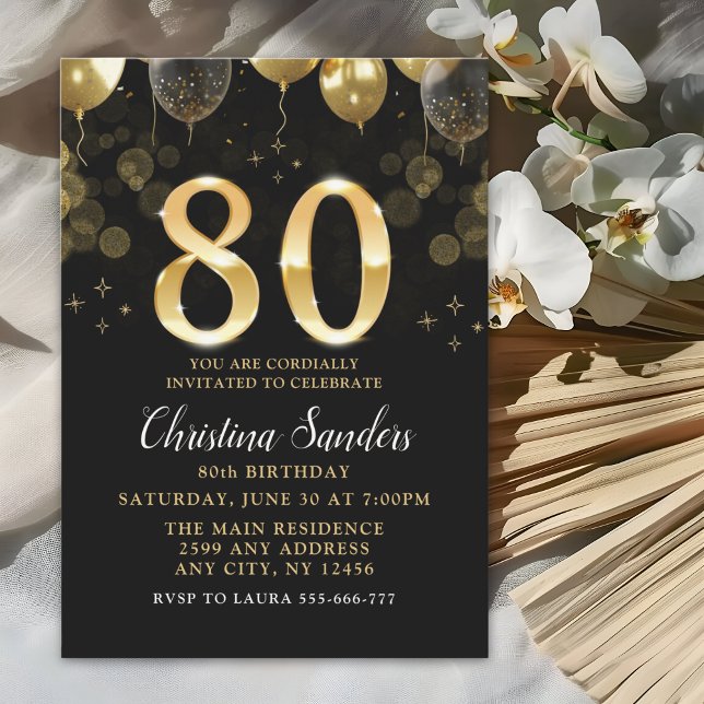 Convites Elegant 80th Birthday Invitation with Gold Ballons (Criador carregado)