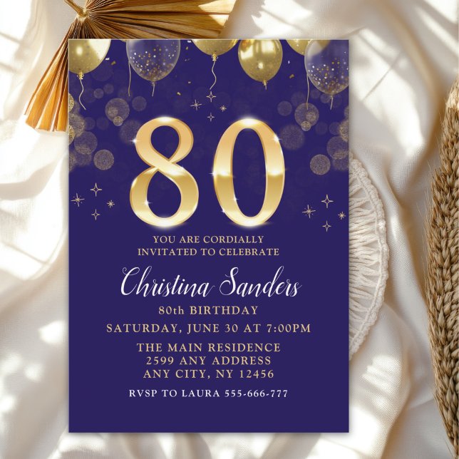 Convites Elegant 80th Birthday Invitation with Gold Ballons (Criador carregado)