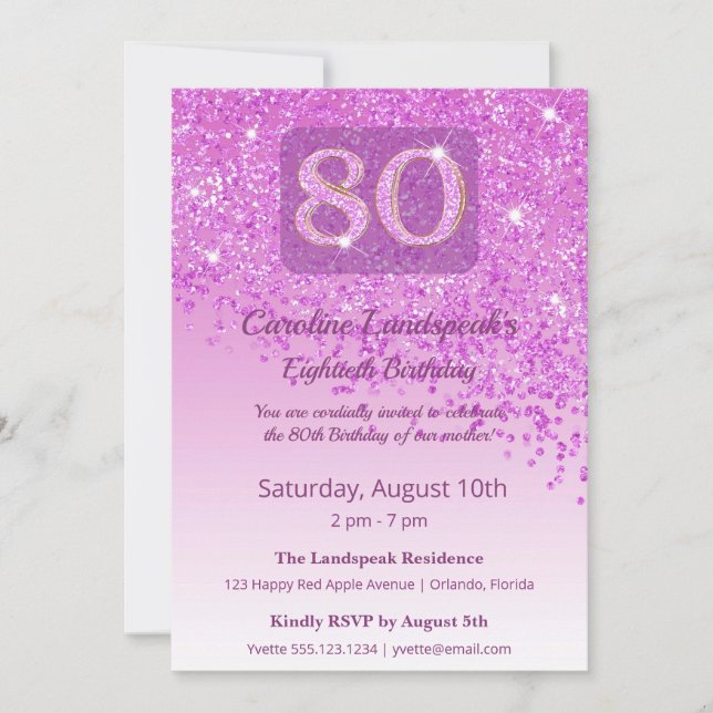 Convites Elegant 80th Birthday Pink Glitter  (Frente)