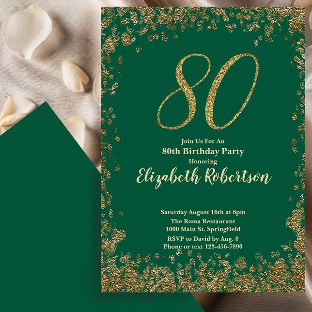Convites Elegant 80th Green Birthday Invitation Gold Sequin (Criador carregado)
