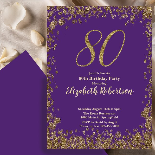Convites Elegant 80th Purple Birthday Invitation Gold  (Criador carregado)