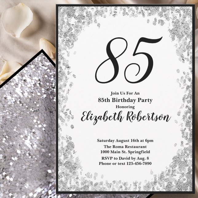 Convites Elegant 85th Birthday Invitation For Her in Silver (Criador carregado)