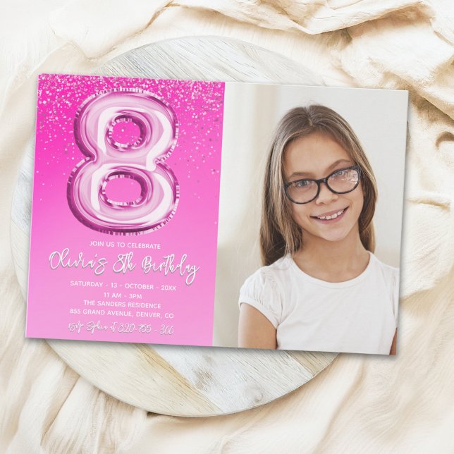Convites Elegant 8th Birthday Pink Number Balloon with phot (Criador carregado)