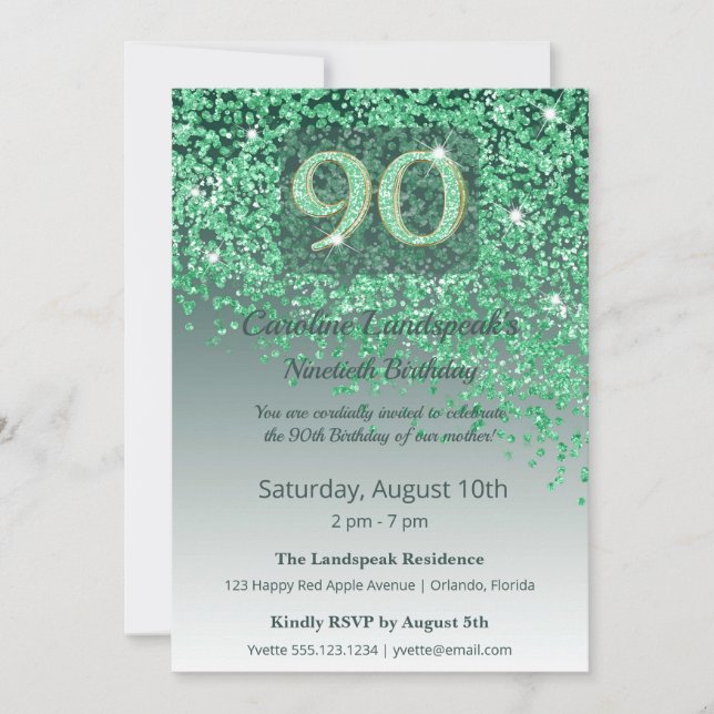 Convites Elegant 90th Birthday Emerald Green Glitter  (Frente)