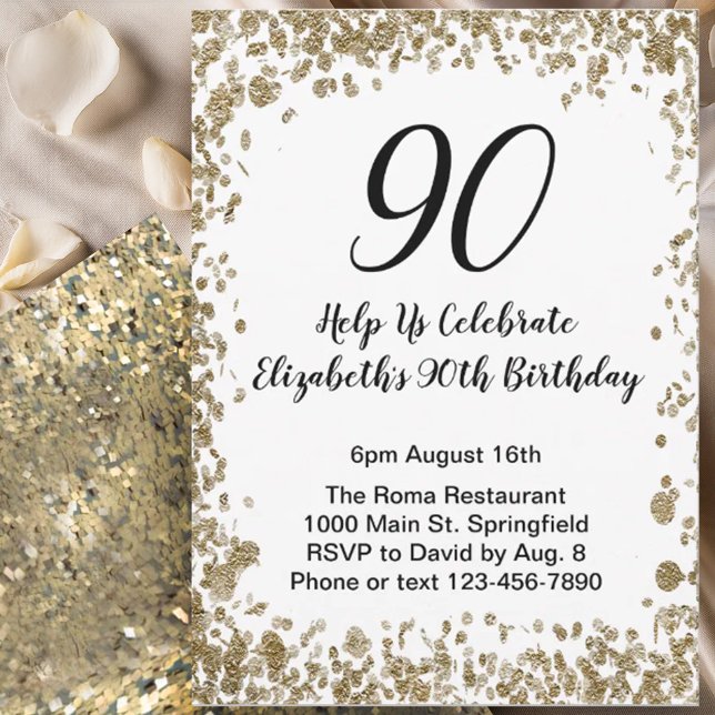 Convites Elegant 90th Birthday Invitation Black and Gold  (Criador carregado)