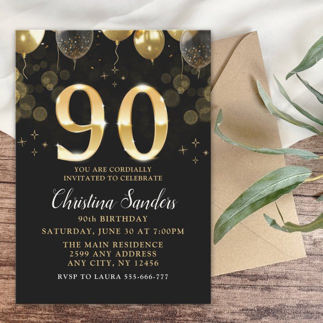 Convites Elegant 90th Birthday Invitation with Gold Glitter (Criador carregado)