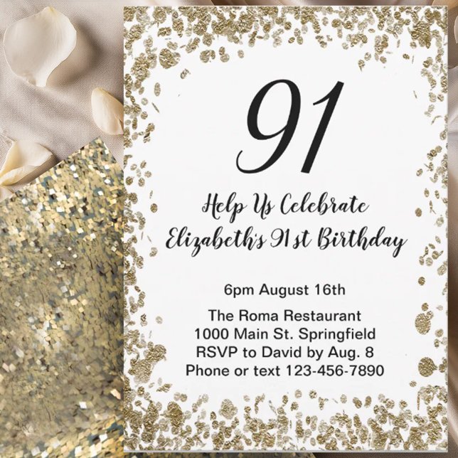 Convites Elegant 91st Birthday Invitation Black and Gold  (Criador carregado)