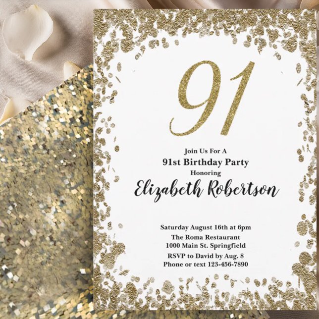 Convites Elegant 91st Birthday Invitation For Her in Gold (Criador carregado)
