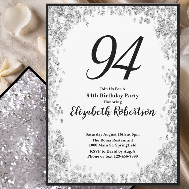 Convites Elegant 94th Birthday Invitation For Her in Silver (Criador carregado)