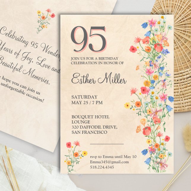 Convites Elegant 95th Birthday - Wildflower Design 95 Years (Criador carregado)