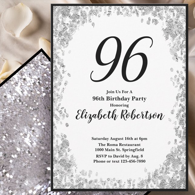Convites Elegant 96th Birthday Invitation Silver and Black (Criador carregado)