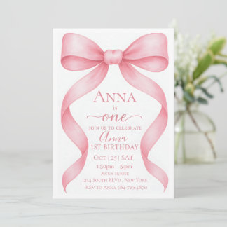 Convites Elegant Adjustable Pink Bow First Birthday Invitat
