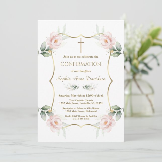 Convites Elegant Airy Greenery Pink Floral Confirmation  (Em pé/Frente)
