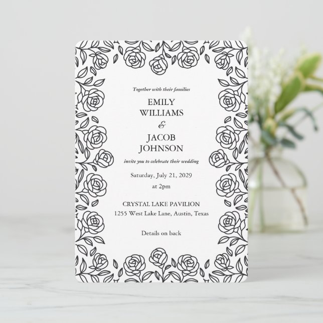Convites Elegant All in One Floral Black & White Wedding (Em pé/Frente)