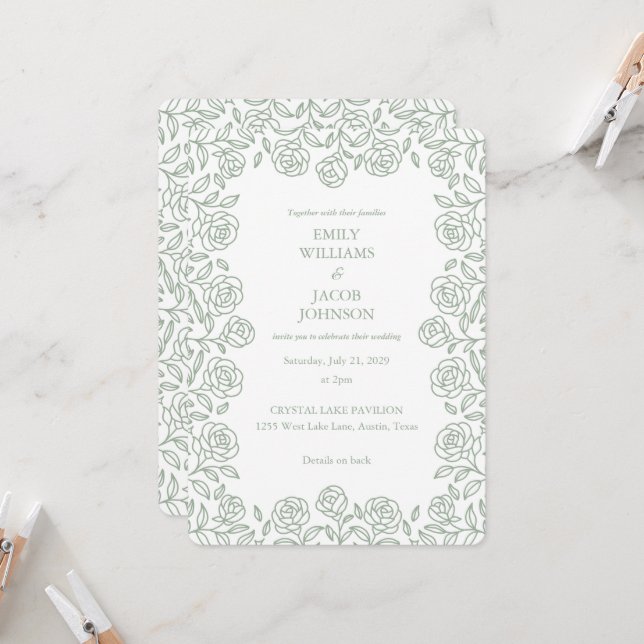 Convites Elegant All in One Floral Sage & White Wedding (Frente/Verso In Situ)