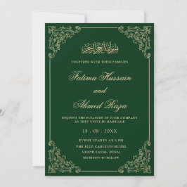 Convites Elegant Antique Green Gold Script Muslim Wedding
