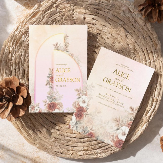 Convites Elegant Arch Boho Floral Pink Modern Wedding  (Criador carregado)