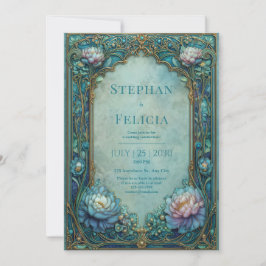 Convites Elegant Art Nouveau Teal Floral Arched Wedding