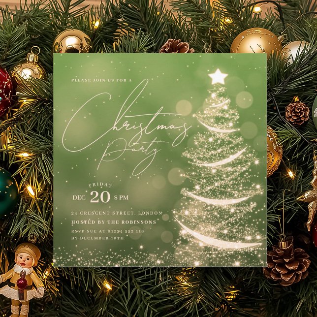 Convites ELEGANT Árvore de Natal Verde Dourada de Inverno F (ELEGANT Gold Green Winter Christmas Tree Party Invitation)