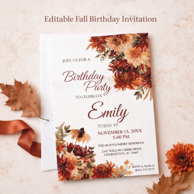 Convites Elegant Autumn Floral Birthday Party Invitation (Criador carregado)