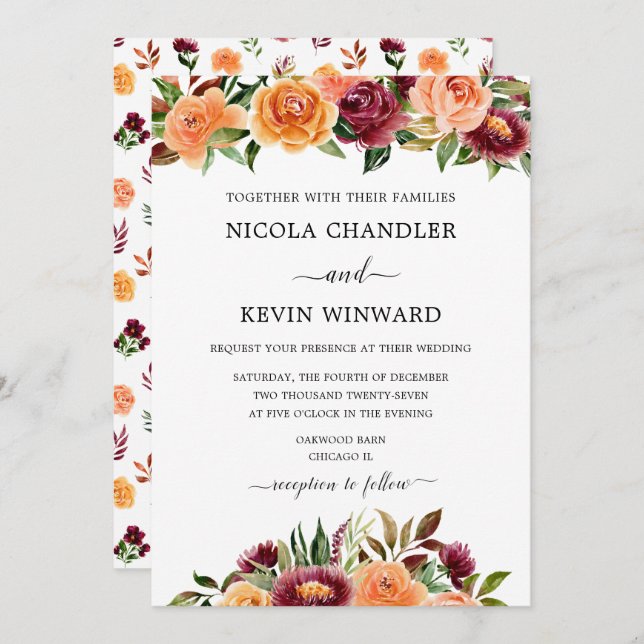 Convites Elegant Autumn Floral Wedding (Frente/Verso)